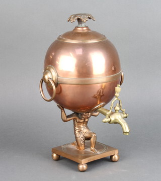 A Regency globular shaped copper tea urn supported by a figure of Atlas, raised on a square base with bun feet 36cm h x 10cm w x 10cm d 