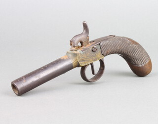 A 19th Century percussion lock pocket pistol, the 7cm barrel with Birmingham proof house mark and chequer carved grip. 