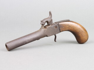 A 19th Century percussion lock pocket pistol, the 7cm barrel with crossed swords proof mark? 