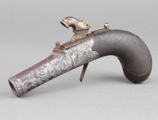 Purdy, a 19th Century percussion lock pocket pistol, the 5cm engraved barrel with London proof house marks and with wooden chequer carved grip