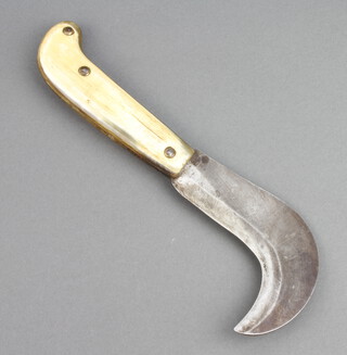 A 19th Century Continental polished steel folding pruning knife, the 11cm blade marked FB 3 and with horn grip 