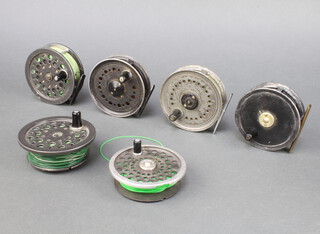 A Martin James aluminium and brass  express trout fly fishing reel, ditto Shakespeare Super Condex, Condex and Beaudex, together with a Hardy spare spool and 1 other spare spool  