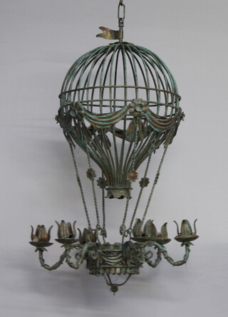 Kevin McCloud, a verdigris metalled 6 light candle chandelier in the form of a Montgolfier balloon 74cm h x 49cm 