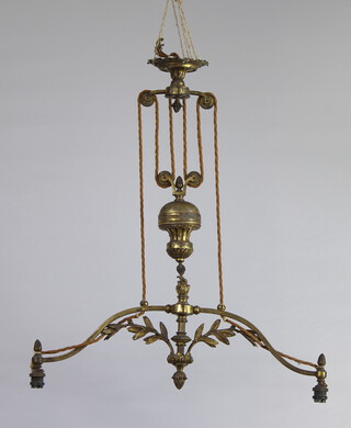 An Edwardian gilt metal 2 light rise and fall electrolier complete with weight 23cm h x 63cm 