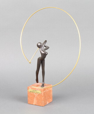 Bernard Rives, a limited edition bronze sculpture of a female golfer "Swing" no.69/999, raised on a pink veined marble base 26cm x 18cm 