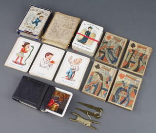 A set of Georgian paper playing cards with plain backs, a set of Cheery Families cards with part cardboard case (damaged), set of Happy Family cards, a set of 10 1920's snap cards boxed, a set of Stephenson promotional floor polish advertising playing cards together with a brass and string bowls measure