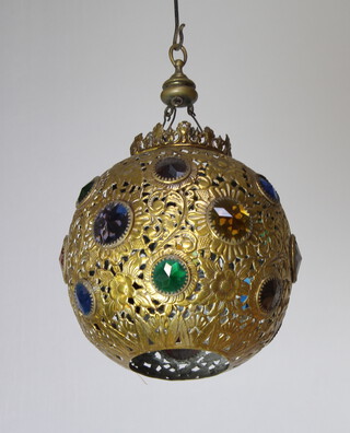 A pierced gilt metal and glass mosque style hanging lantern 25cm h x 18cm 