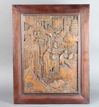 A Chinese carved hardwood plaque depicting standing figures 56cm h x 73cm 