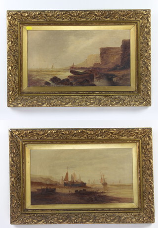 E W Rogers, oils on canvas, a pair, signed, coastal scene with vessels and coast scene with moored vessels and figures 24cm x 45cm  