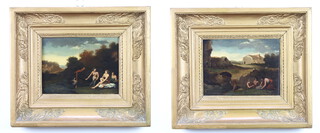A pair of 18th Century Continental oil paintings on panels, female bathers in a rural setting and male bathers before a village, unsigned, 17cm x 23cm 