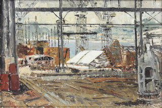 Wai Szeto, oil on canvas signed, Chinese harbour scene with figures, the reverse marked "Ship Building, Takoo, April 1963" together with reference book 49cm x 75cm 