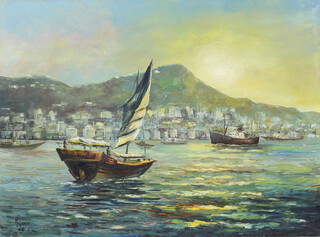 H Gray '68, oil on canvas signed, "The Harbour Hong Kong" unframed 46cm x 61cm 
