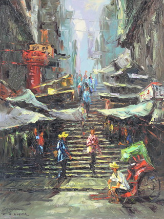 D C Chan, oil on canvas signed, figures in a market street, unframed 61cm x 45cm 
