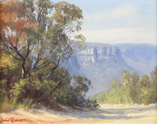 John Emmett, (1927 onwards) oil on board, Australian extensive landscape with label to verso "Early Morning, Narrow Neck, Katoomba Blue Mts" 19cm x 24cm  