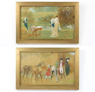 Over painted prints, figures by riverscape and figures after a hunt 23cm x 37cm 