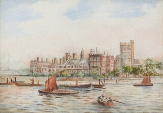 Watercolour unsigned, Thames river scene with Lambeth Palace, 13cm x 18cm 