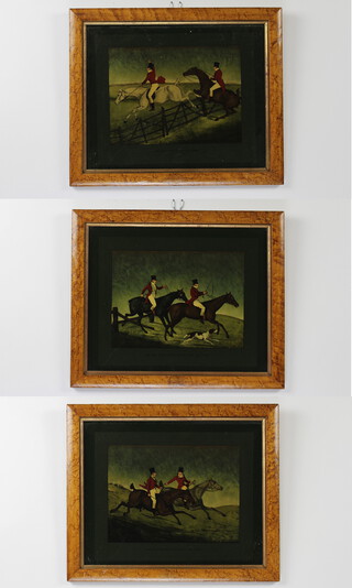 Three 19th Century style prints on glass, hunting scenes, contained in maple effect frames 22cm x 30cm 