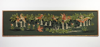 A Victorian woolwork tapestry of birds amongst trees 36cm x 143cm 
