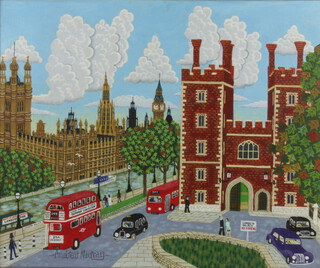 Andrew Murray, oil on canvas, signed, naive London scene with Lambeth Palace and The Houses of Parliament 50cm x 60cm 