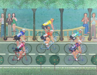 Leo Anchoritz 1979, oil on board, South of France study of the Tour de France with figures, 46cm x 59cm 