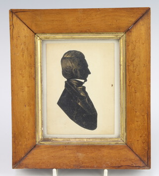 A 19th Century silhouette miniature portrait of a gentleman with gilt highlights in maple walnut frame 11cm x 9cm 