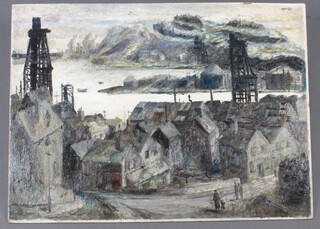 D Davies, oil on board, industrial townscape with figures, unframed, 56cm x 76cm 