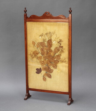An Edwardian mahogany fire screen the centre panel with collage of leaves 80cm h x 49cm w x 13cm w 