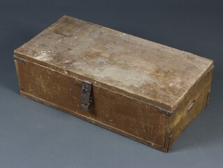 A rectangular pine tool box with hinged lid and metal banding 22cm h x 71cm w x 35cm d