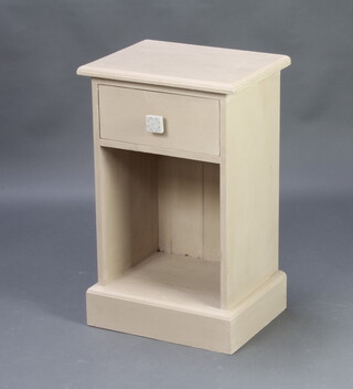 A grey painted pine bedside cabinet with drawer above recess, raised on a platform base 38cm h x 29cm w 