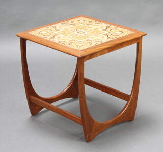 A mid Century teak and tiled top Astro design coffee table 51cm h x 50cm w x 50cm d 