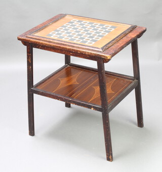 A rectangular inlaid mahogany 2 tier occasional table, the top inlaid a chessboard with Victorian to George VI pennies 68cm h x 61cm w x 45cm d 