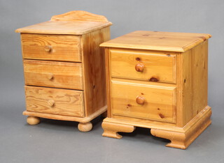 A pine bedside chest with raised back, fitted 3 drawers with tore handles, raised on bun feet 67cm h x 47cm w x 39cm d together with 1 other fitted 2 drawers raised on ogee bracket feet 54cm x 49cm x 45cm 