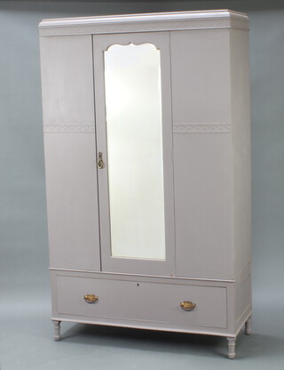 A 1930's grey painted wardrobe with moulded cornice and arch shaped bevelled plate mirrored door, base fitted a drawer, raised on turned supports 195cm h x 116cm w x 46cm d  