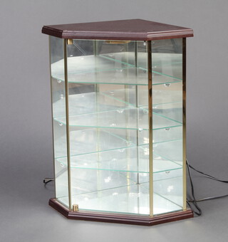 A mahogany and glass table top corner display cabinet, fitted glass shelves 49cm h x 39cm w x 28cm d 