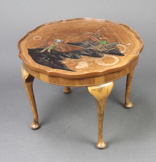 A 1930's circular walnut and lacquered chinoiserie style coffee table raised on cabriole supports 45cm x 60cm diam. 