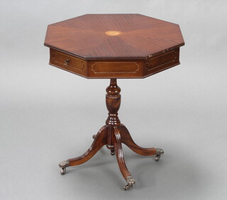 A Georgian style inlaid mahogany octagonal occasional table fitted 2 frieze drawers, raised on a turned column and tripod base 59cm h x 55cm w x 55cm d