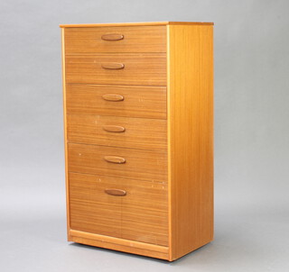 A mid Century teak pedestal chest of 6 long drawers 114cm h x 64cm w x 43cm d 