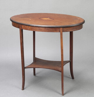 An Edwardian oval inlaid mahogany 2 tier occasional table raised on outswept supports 69cm h x 71cm w x 45cm d 