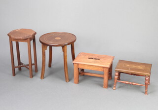 A Victorian rectangular inlaid mahogany stool raised on turned supports 19cm x 28cm x 19cm, an Edwardian circular inlaid mahogany jardiniere stand 36cm h x 30cm diam. (cut down), a rectangular elm stool raised on square supports with H framed stretcher 21cm x 32cm x 22.5cm and an octagonal mahogany jardiniere stand 40cm h x 23cm w x 24cm d (water damage to the top)   
