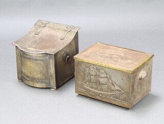 An Art Nouveau shaped metal coal bin with hinged lid raised on bun feet 34cm h x 34cm w x 32cm d together with a brass coal bin decorated galleons 26cm x 39cm x 28cm 
