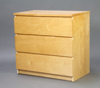 A mid Century beech finished chest of 3 drawers 78cm h x 81cm w x 48cm d 
