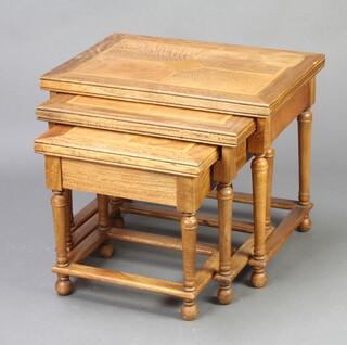 A nest of 3 Indian Art Nouveau style inlaid mango wood interfitting coffee tables 58cm h x 70cm w x 50cm d 