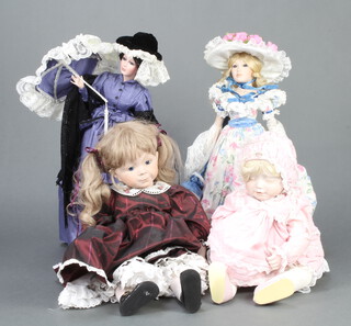 A Mundia porcelain headed collectors doll, a Dianna Effner porcelain headed doll "Lovely" and 2 other porcelain headed dolls
