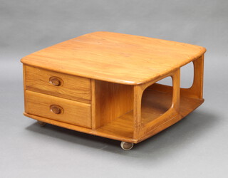 Ercol, a Windsor light elm square 2 tier coffee table fitted 2 drawers 40cm h x 79cm w x 81cm d 