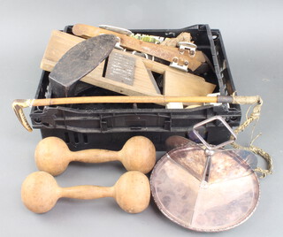 A child's riding crop, 2 pairs of skates, 2 wooden dumbbells, an iron cobblers last etc 