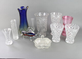 An Art Glass tub shaped vase 33cm, Art Glass figure of a standing bull 16cm, ditto dove 15cm and other cut glass vases 