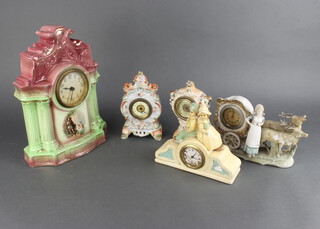 An Edwardian porcelain mounted floral encrusted timepiece 17cm, 4 others 