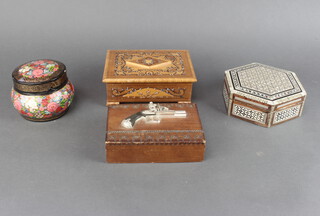 A hexagonal inlaid trinket box and 3 others