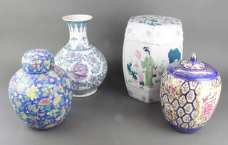 A Chinese style hexagonal garden seat 31cm x 21cm, Chinese style vase, ditto ginger jar and 1 other lidded vase