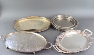 Four silver plated galleried tea trays, 2 oval ditto and a platter  